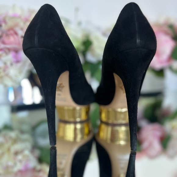 Charlotte Olympia Dolly Black Suede Heel With Gold Platform - Picture 7 of 8